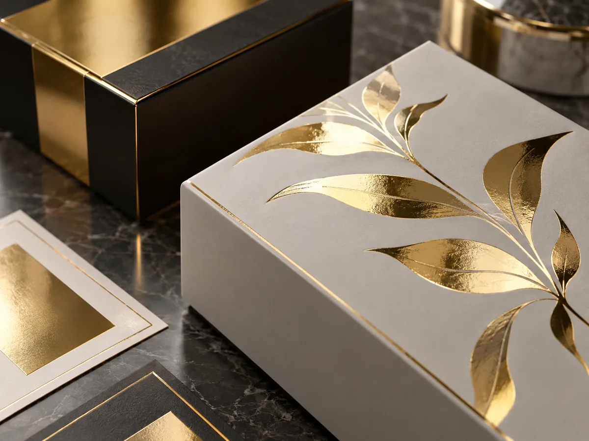 Black and light grey folding cartons with bright gold metallic leaf decoration and gold panel swatches on dark marble
