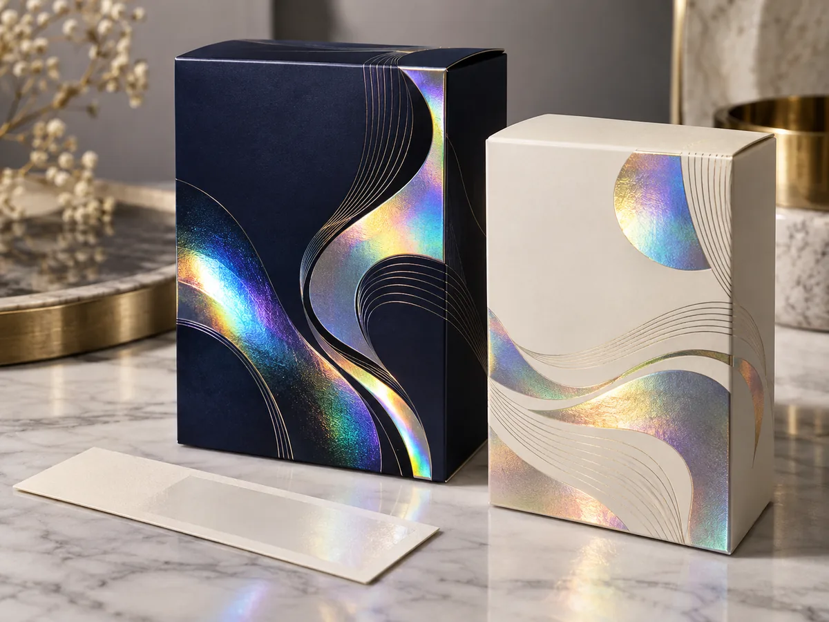 Navy and cream folding cartons decorated with rainbow holographic metallic waves and fine gold line work