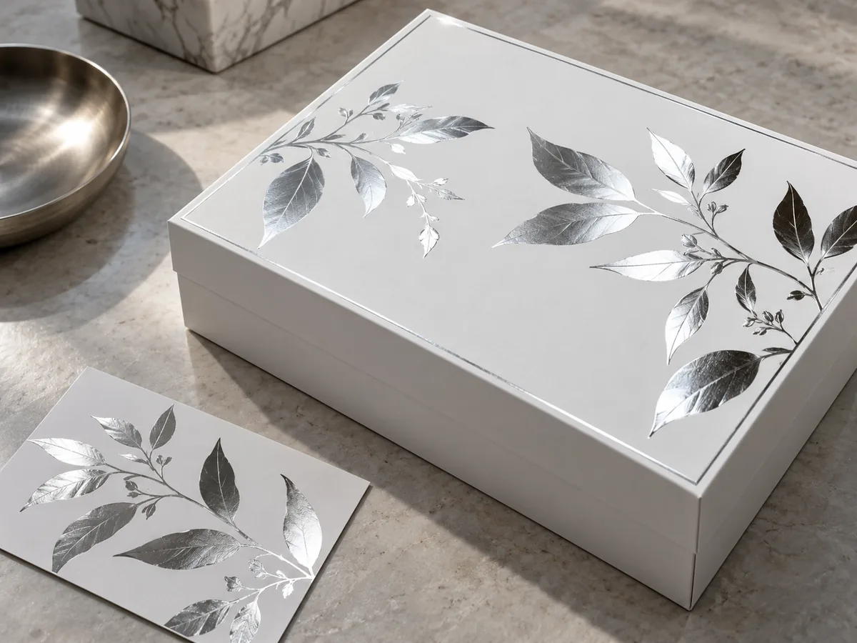 White rigid gift box and matching card with mirror-silver metallic leaf artwork under directional daylight