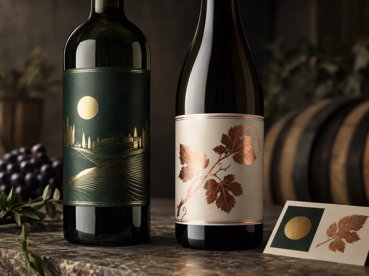 Two wine bottles with gold and copper metallic decoration on dark green and cream label stock, beside a printed foil swatch card