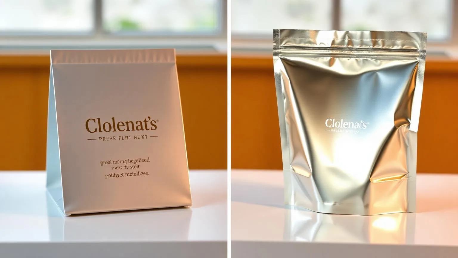 Side-by-side comparison of selective cold foil stamping on a folding carton next to an all-over transfer-metallised silver…
