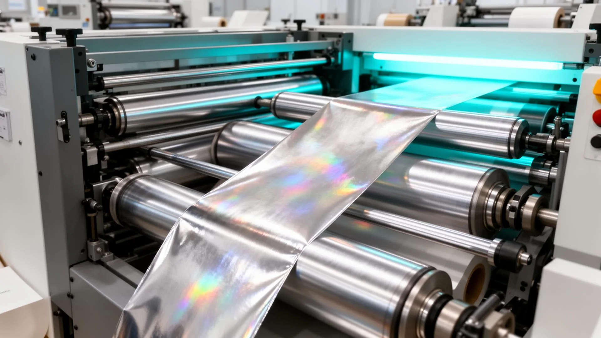 Reflective cold stamping foil transfer with packaging samples, metallic rolls, and buyer demand chart elements