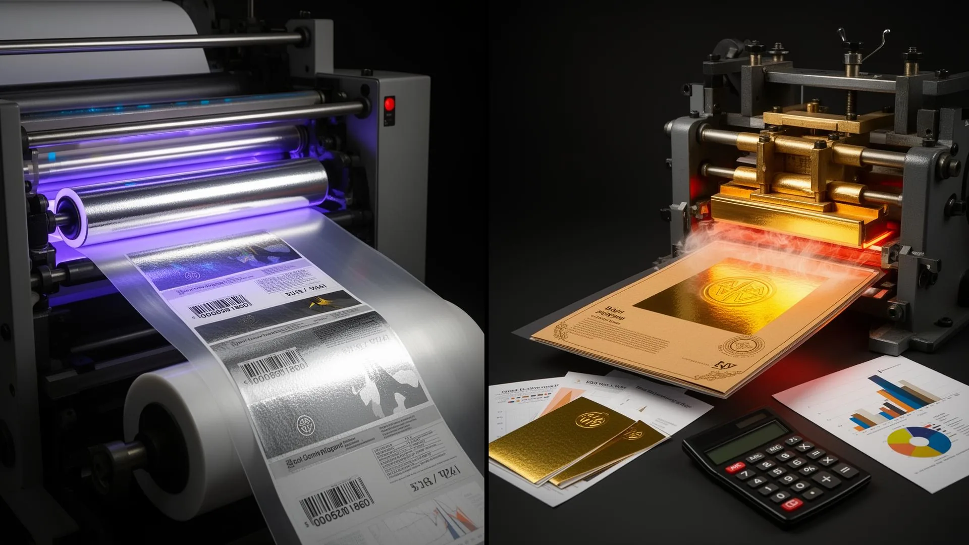 Cold foil and hot foil production comparison with inline foil transfer, heated die stamping, calculator, and swatches
