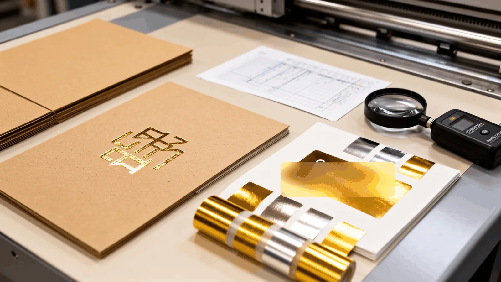 Uncoated paper and kraft board samples with metallic foil swatches, UV test strips, and print inspection tools
