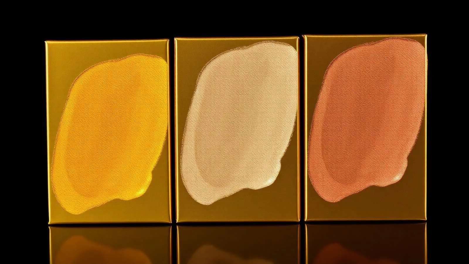 Three side-by-side cold foil swatches — bright gold, pale gold, and champagne — on luxury cosmetic cartons under studio…