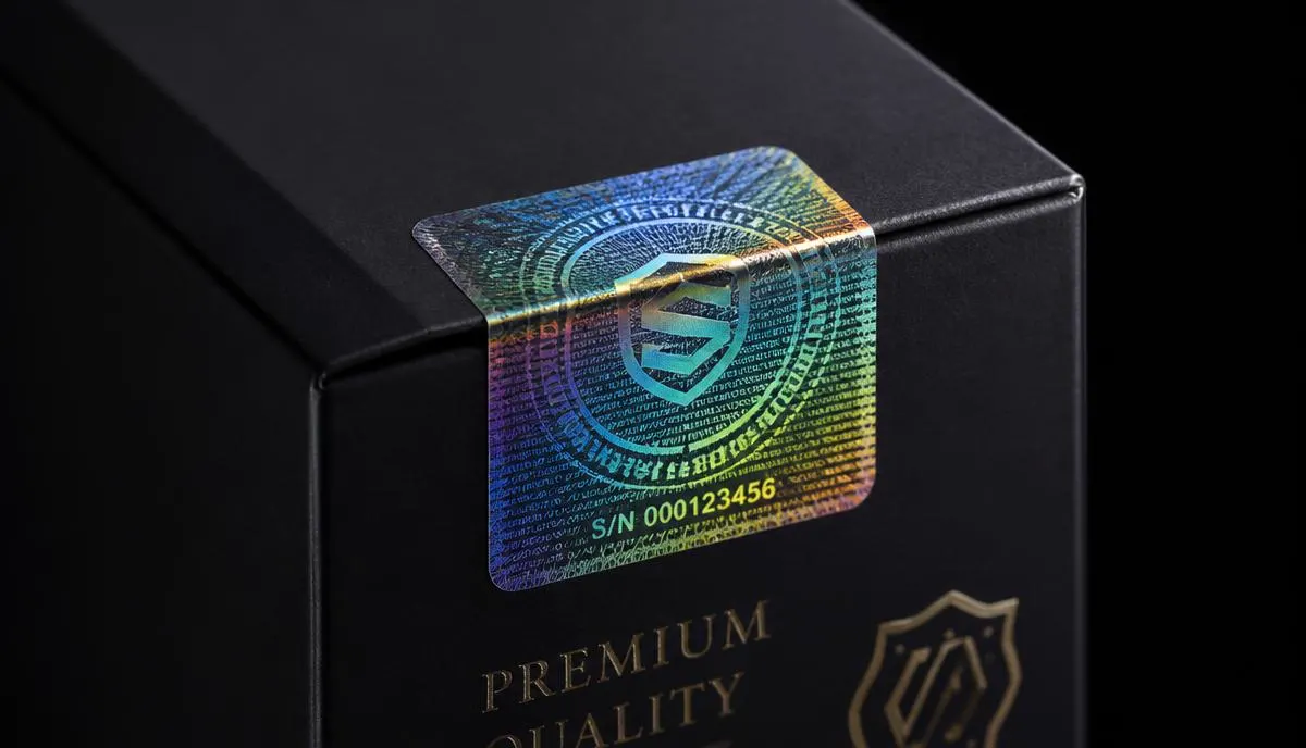 Holographic cold foil anti-counterfeit label sample with diffraction effect on a printed carton