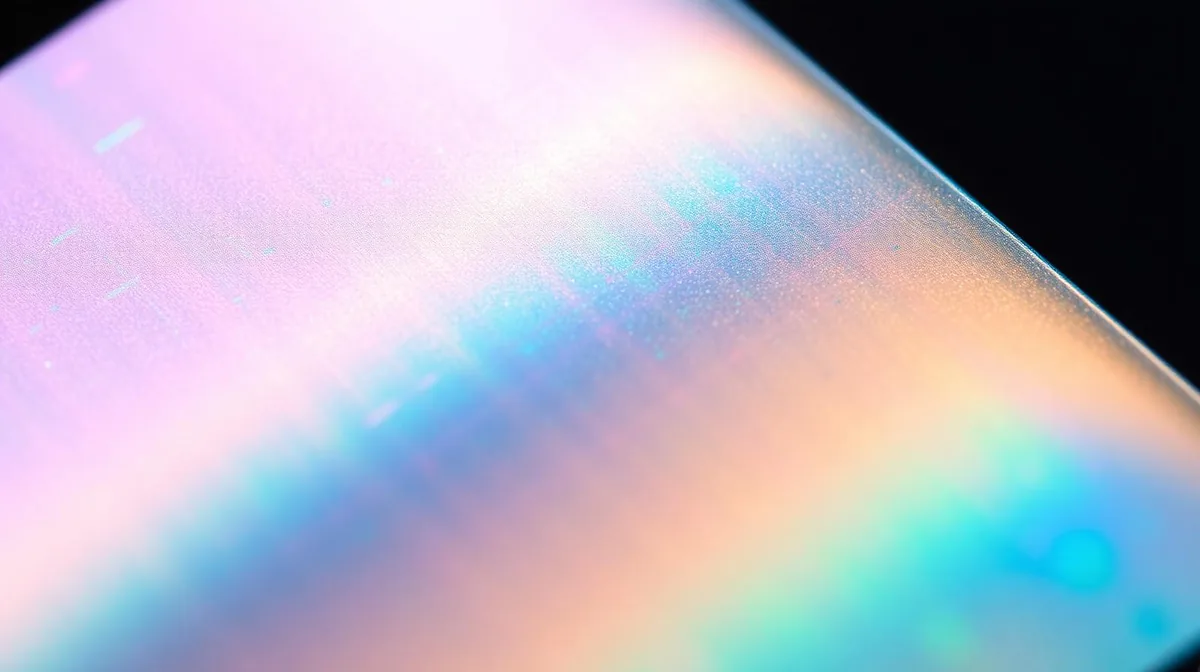 Macro close-up of a holographic cold foil diffraction pattern showing the engineered grating structure