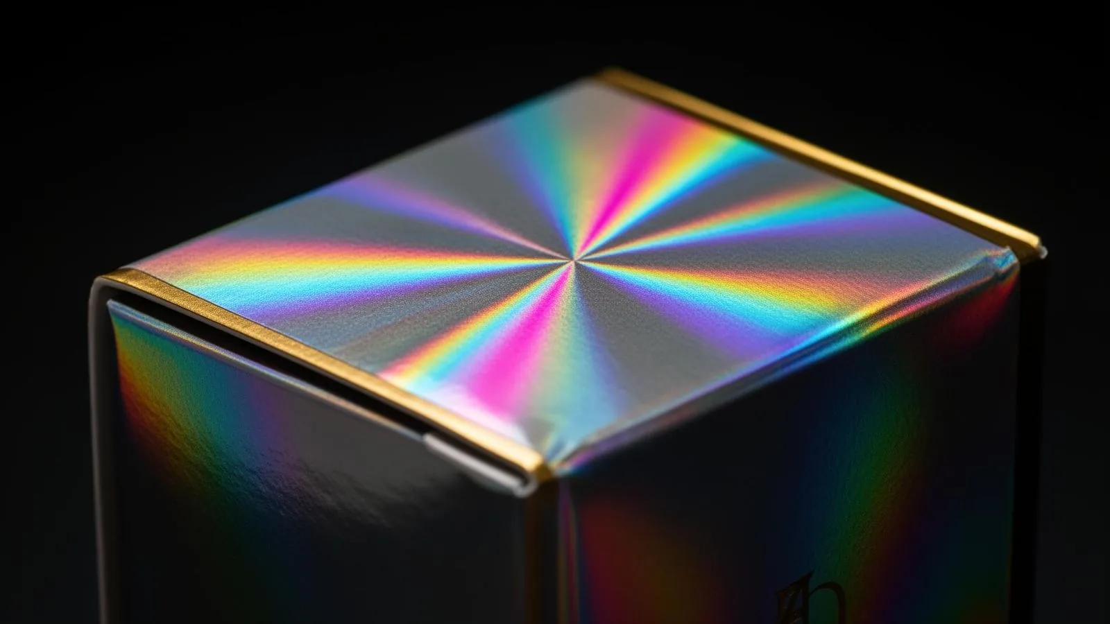Holographic cold stamping foil with prismatic rainbow diffraction on a luxury folding carton against a dark studio background