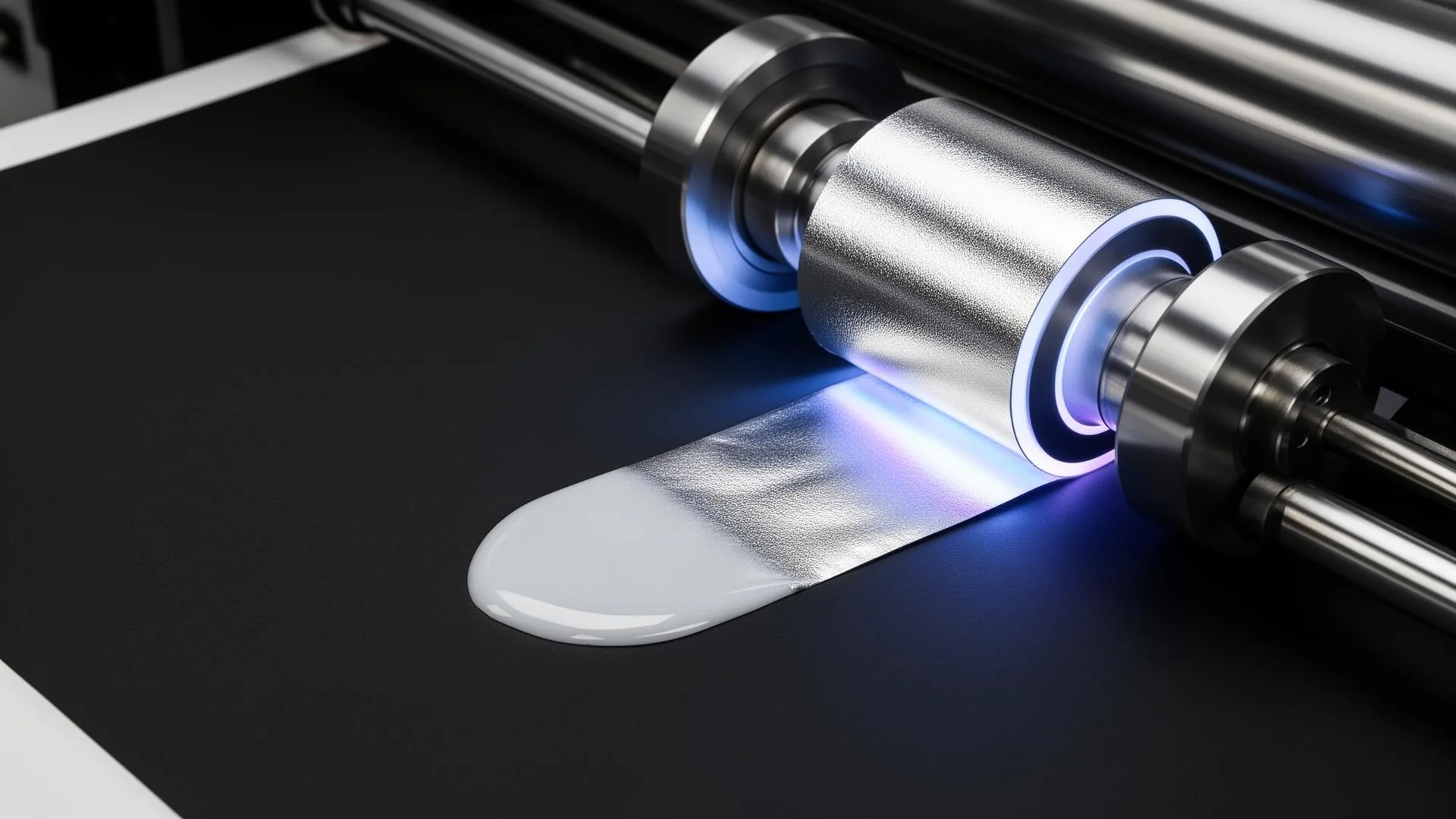 Step-by-step cold foil stamping workflow with UV adhesive, foil release, curing lamps, and overprinted packaging sheets