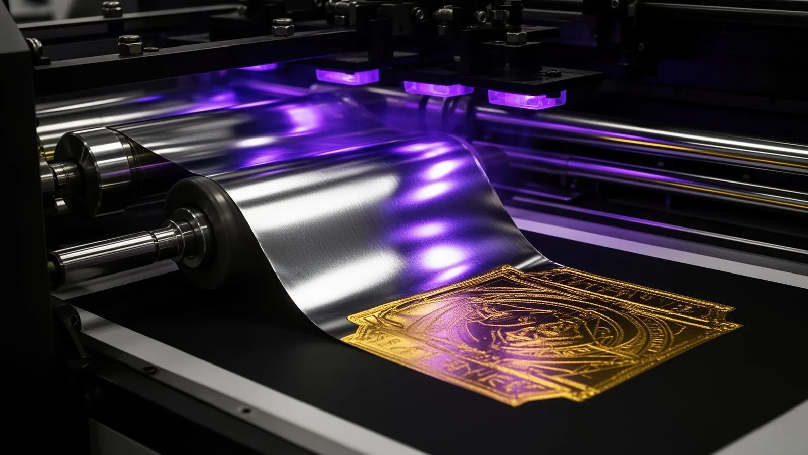 Cold foiling press setup with foil roll, substrate web, UV adhesive unit, and finished metallic packaging samples