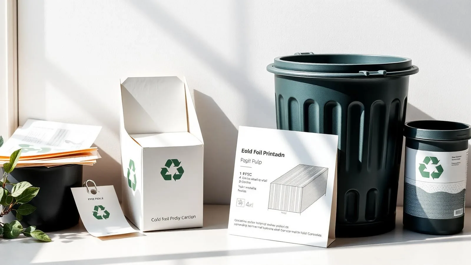 Cold foil printed folding carton beside a recycling bin, paper pulp samples, FSC tag, and a foil cross-section diagram in…