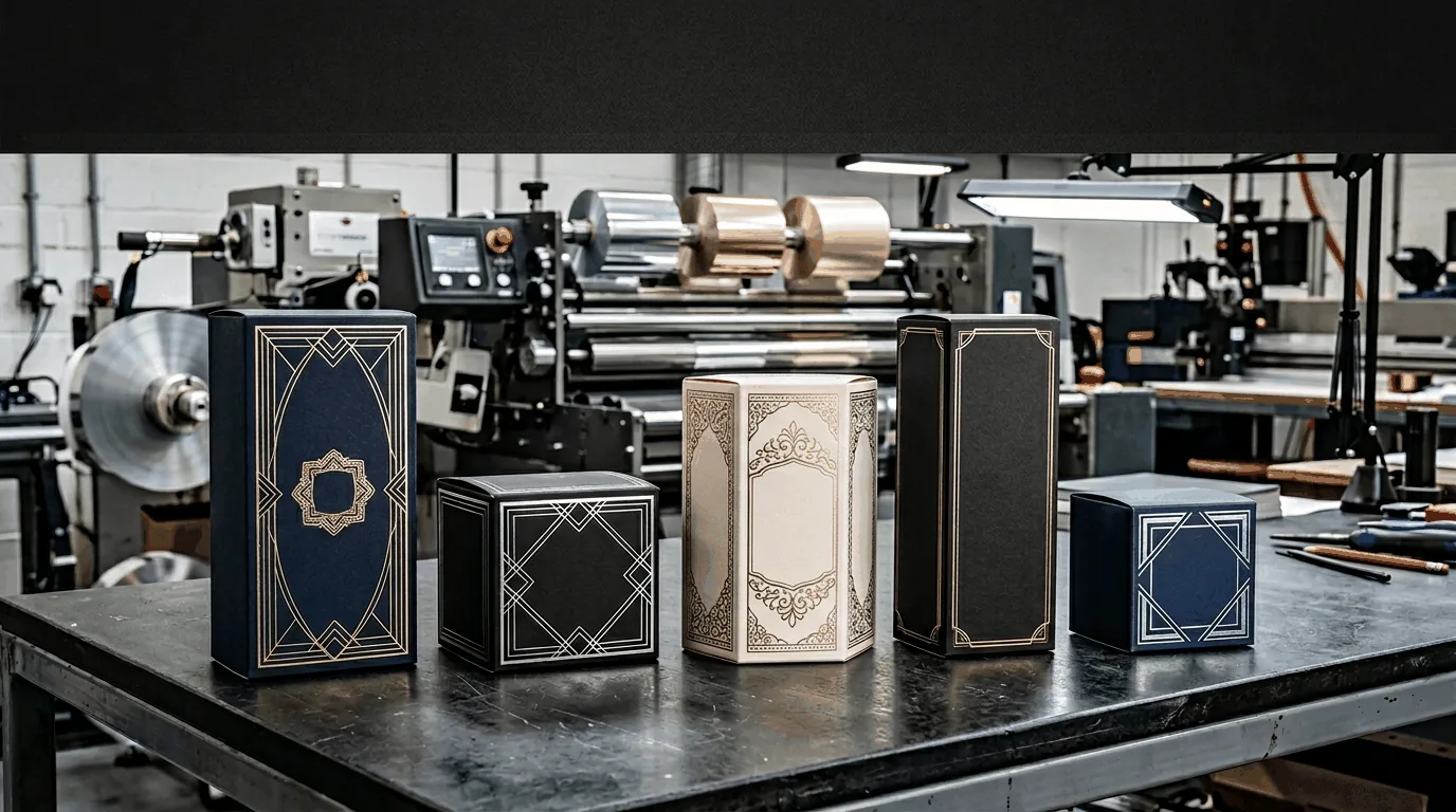 Luxury cosmetic folding cartons with silver, rose gold, and champagne cold foil accents on a print-production table