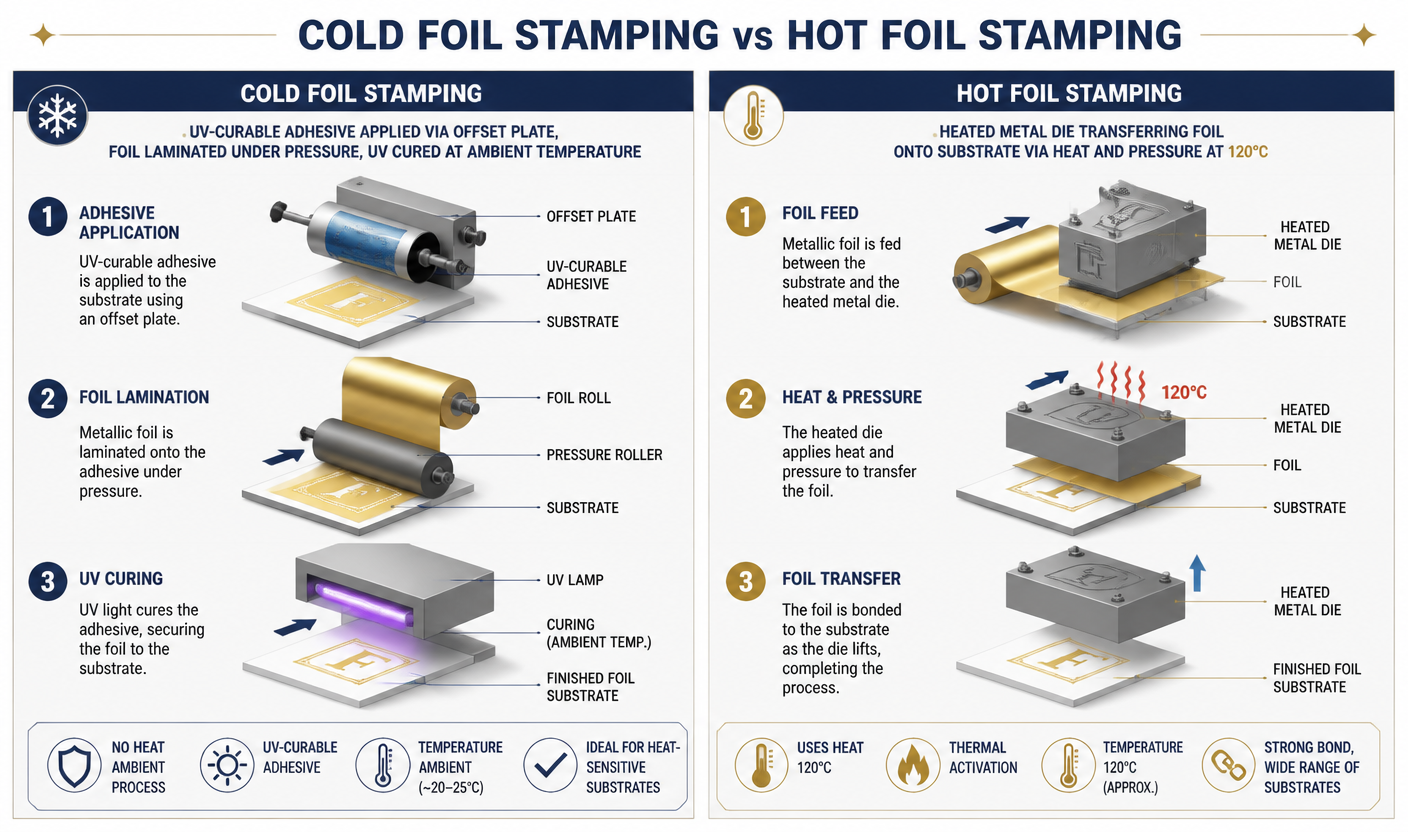 Process diagram comparing cold foil UV-cured inline lamination with hot foil heated die transfer