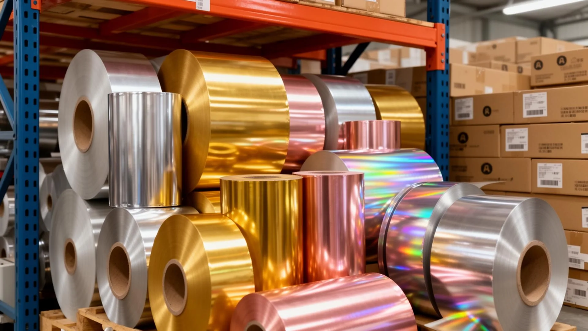 Warehouse shelves stacked with wholesale metallic cold stamping foil rolls in gold, silver, rose gold, and holographic…