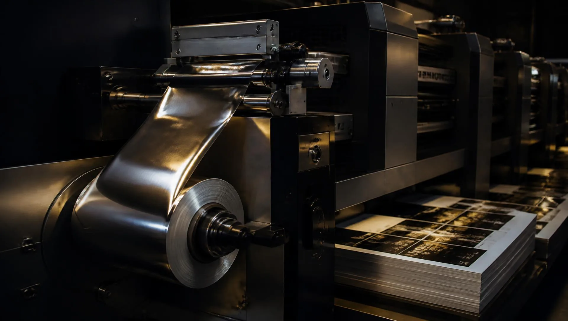 Sheetfed offset press with an inline cold foil transfer module, a silver metallized foil reel and a stack of printed board sheets