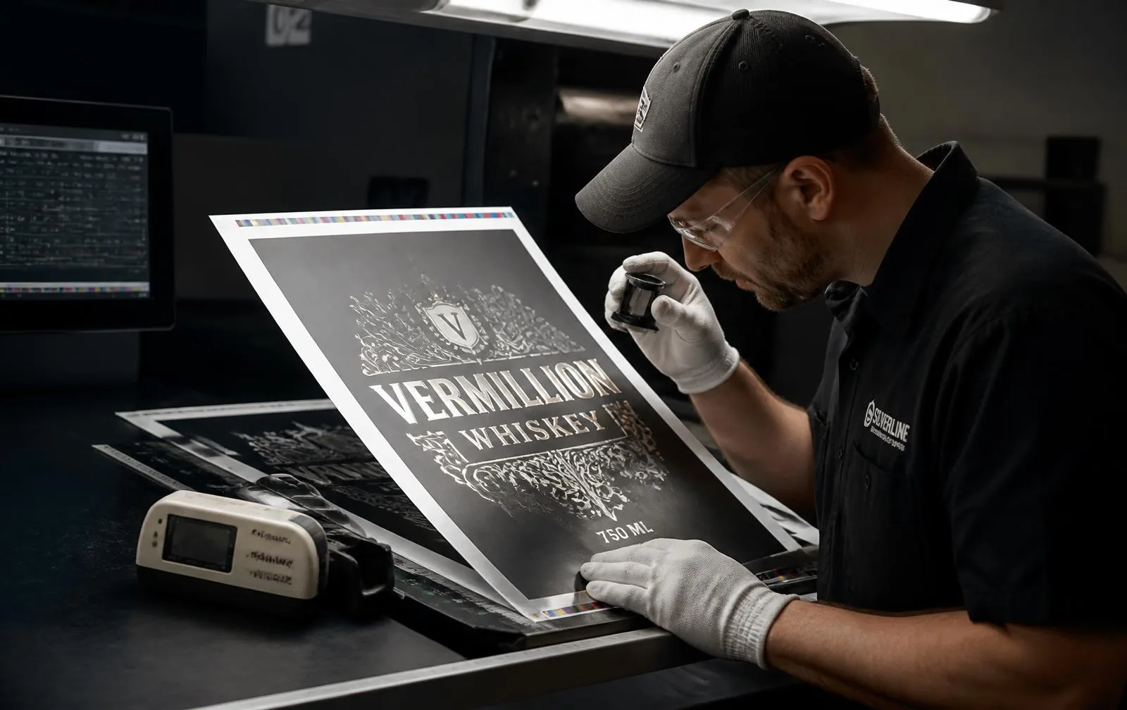 Press operator inspecting a cold foil printed sheet with a loupe during an offset press trial