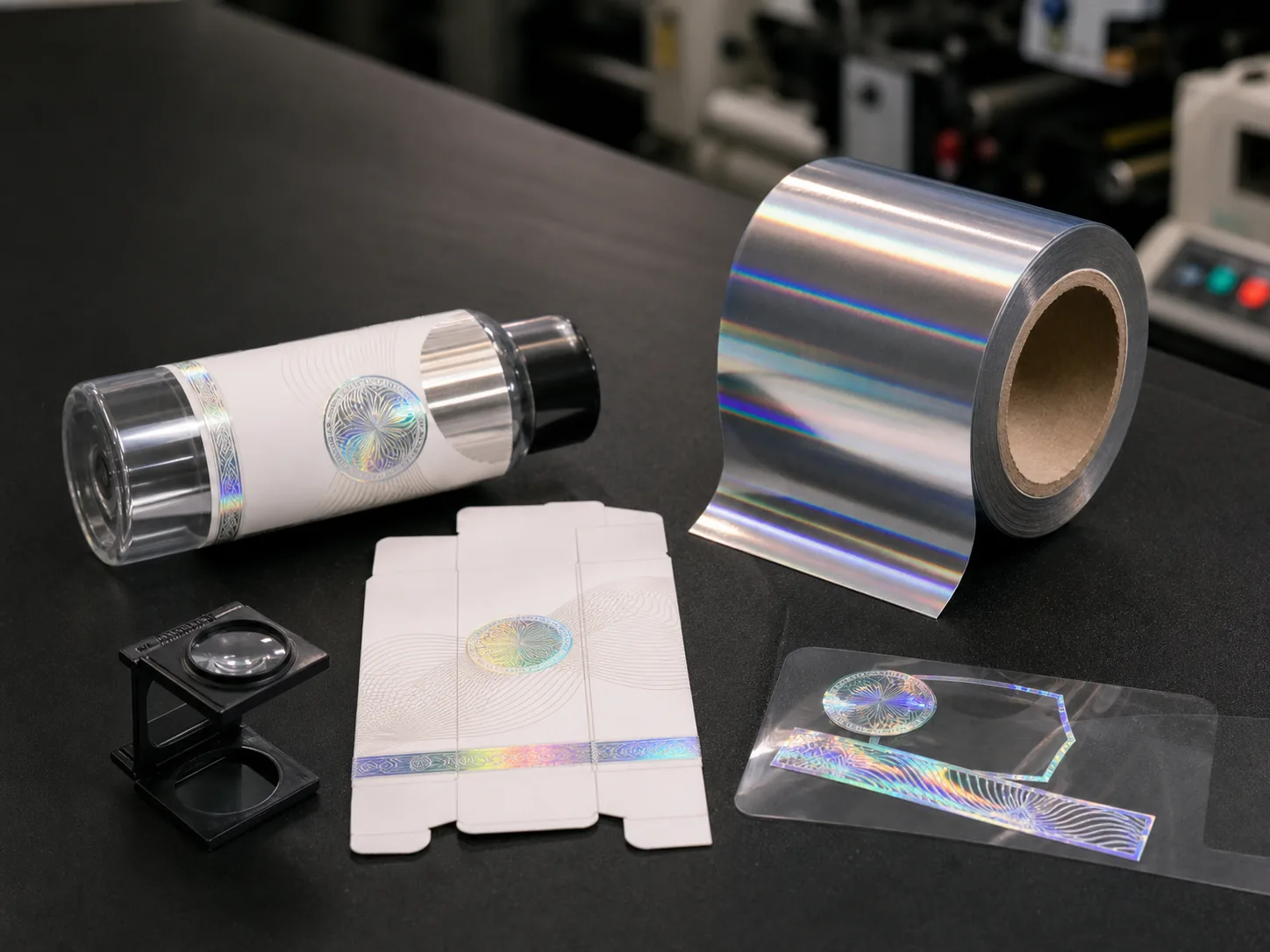 Rainbow holographic cold foil swatch for security and confectionery packaging