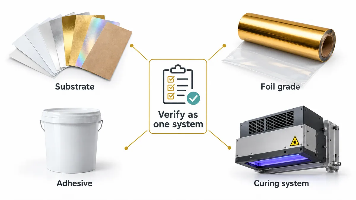 Diagram of cold foil system matching: substrate, foil grade, adhesive and curing system connected to a checklist icon labelled verify as one system