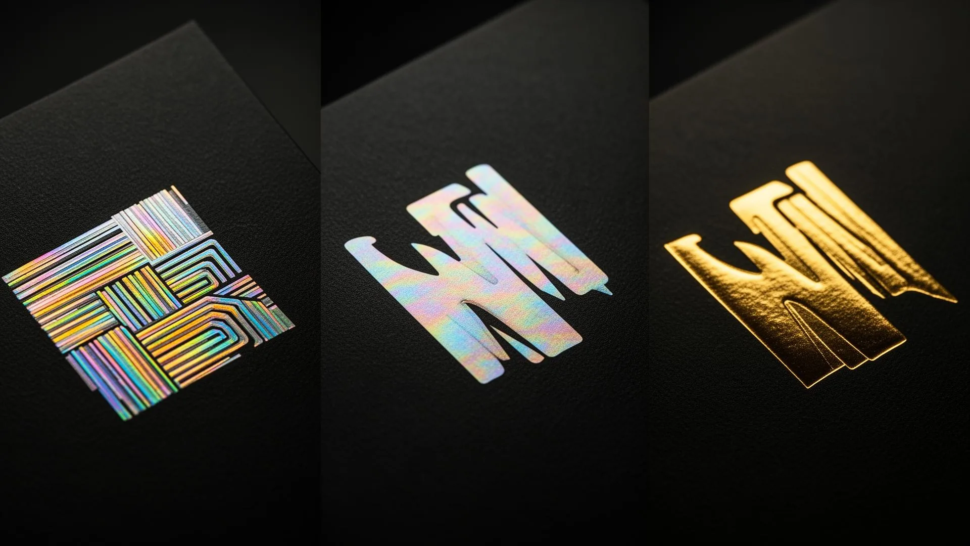Showcase of holographic rainbow, pastel iridescent and metallic gold cold foil effects on luxury packaging