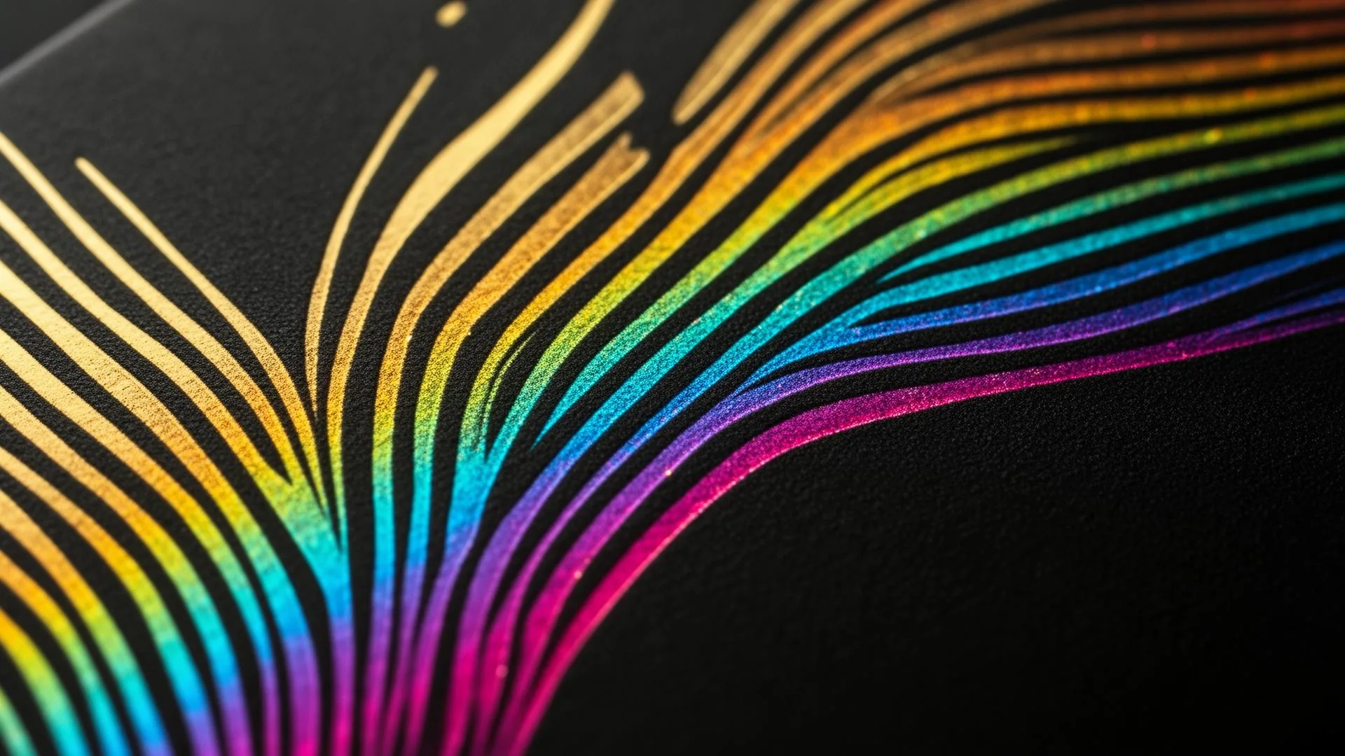 Macro view of holographic cold foil rainbow diffraction on matte black folding carton
