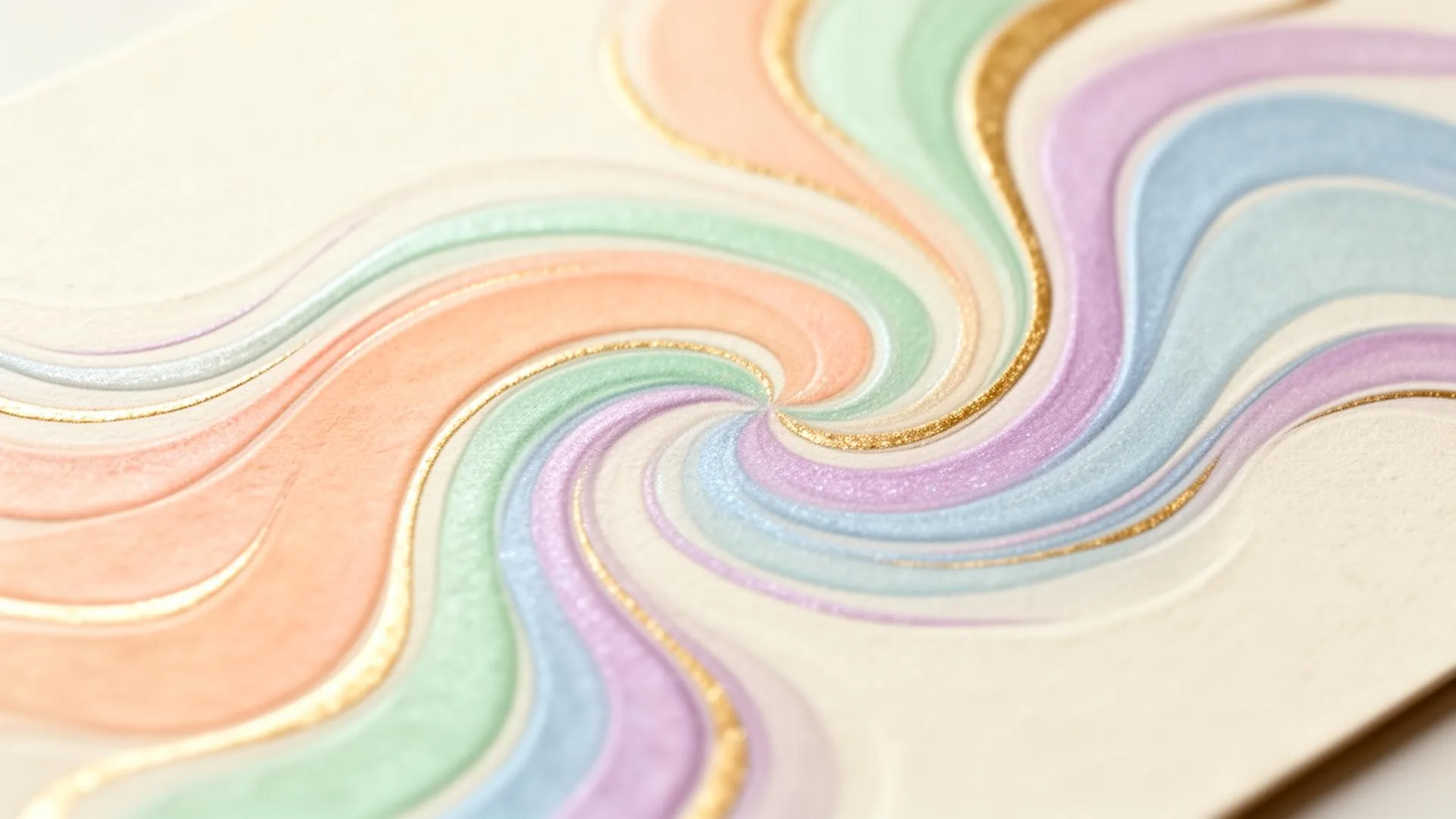 Macro view of pastel rainbow iridescent cold foil swirl on cream luxury paperboard