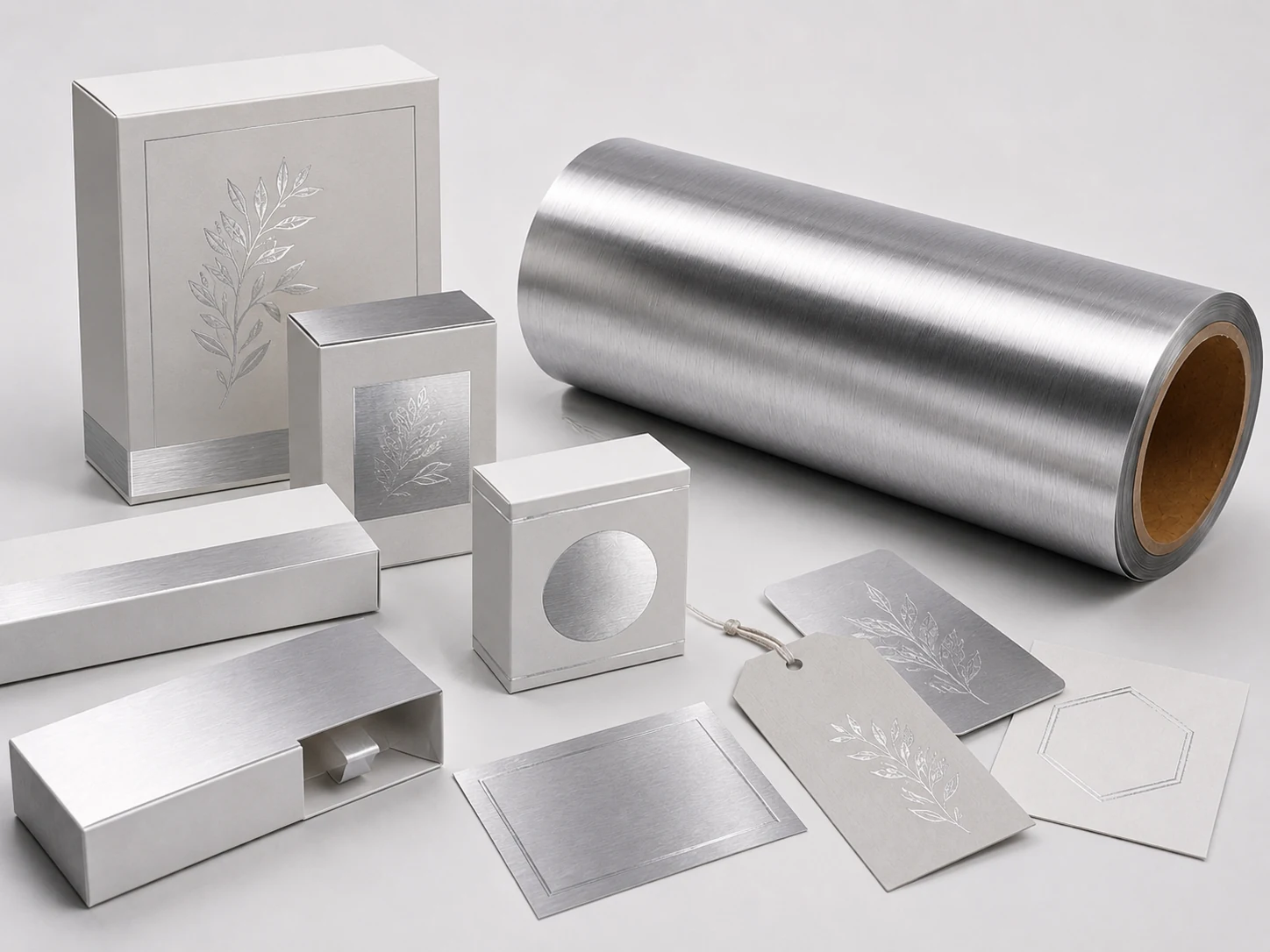 Brushed cold foil applied to luxury cartons, tags and labels with satin metallic finish
