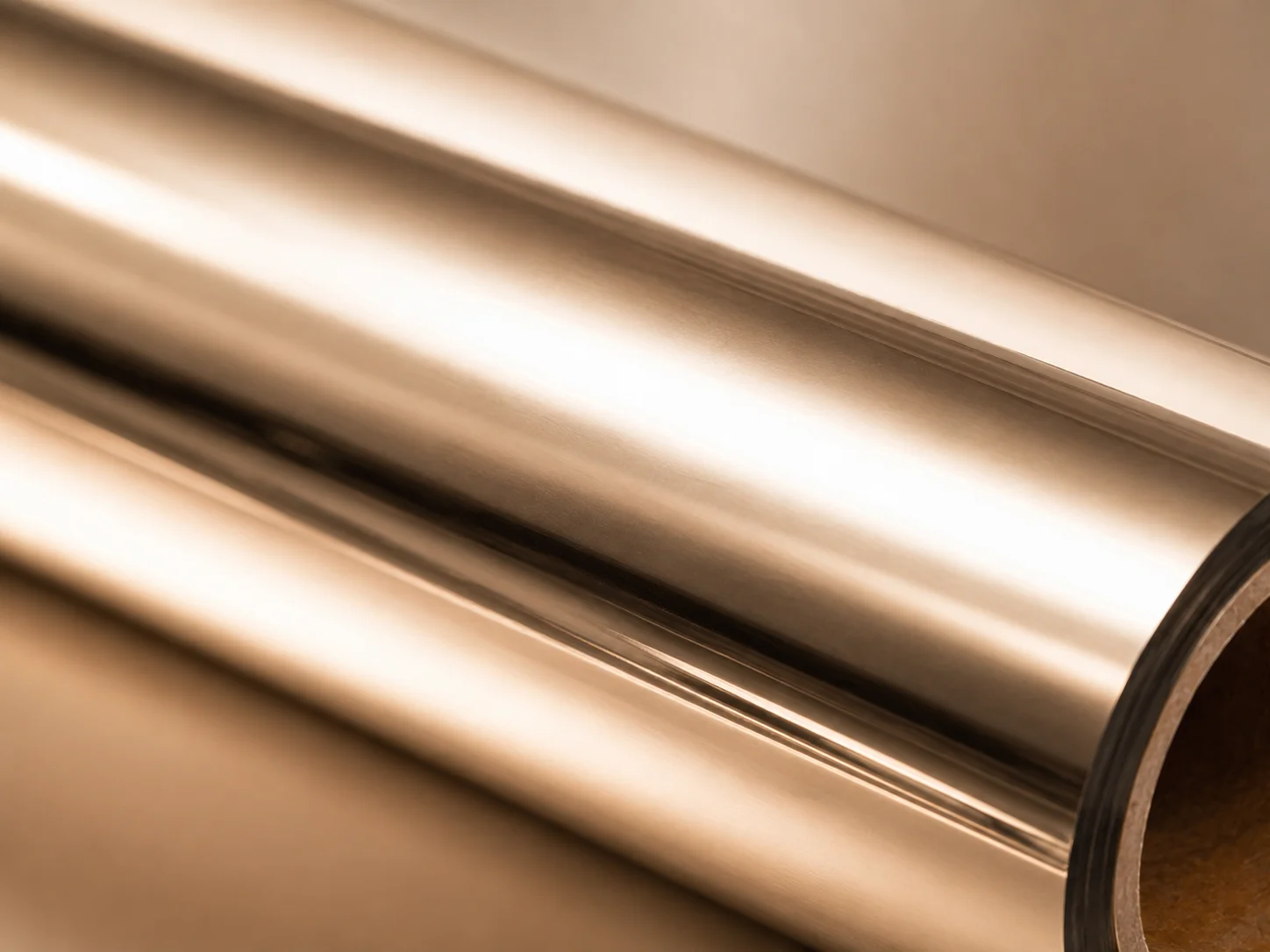 Macro detail of Champagne cold foil surface showing 84 GU satin-mirror finish and pale warm metallic tone
