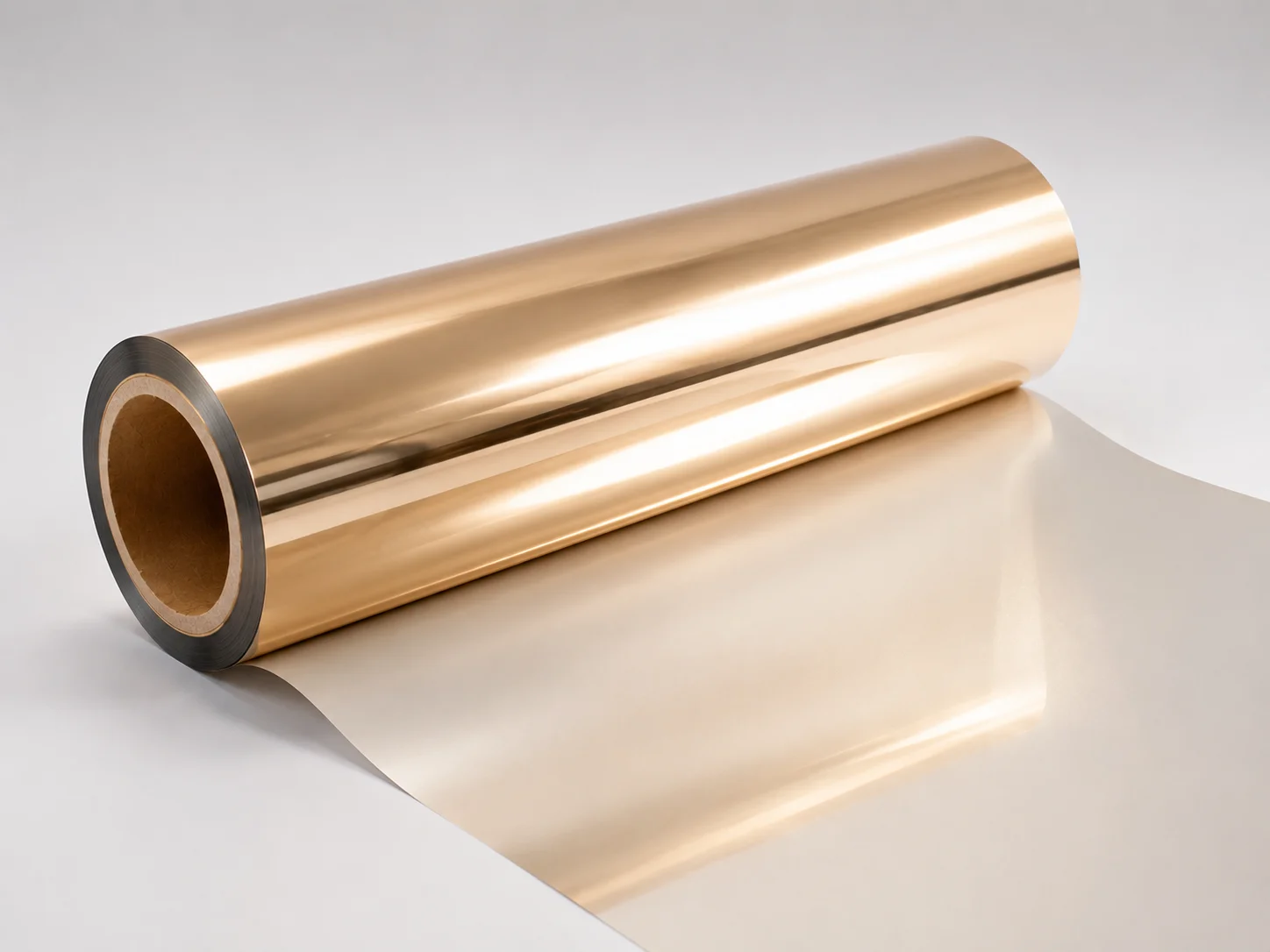Champagne cold foil web unwinding from master roll showing uniform pale metallic coverage edge to edge