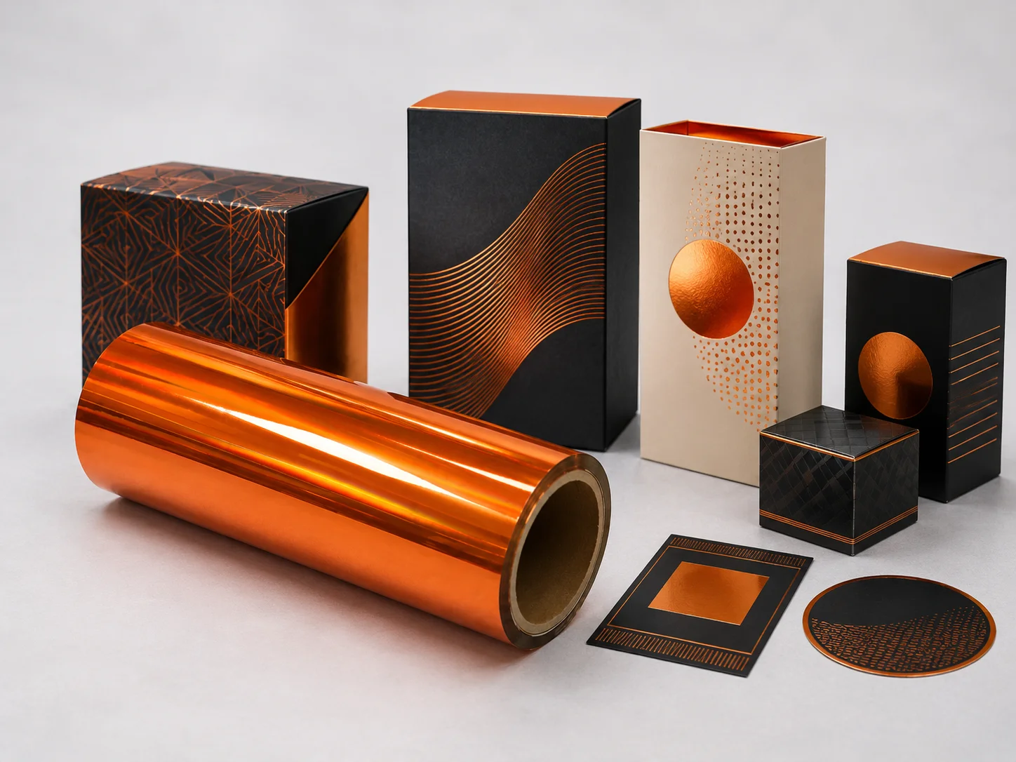 Copper cold foil applied to craft spirits, coffee and heritage packaging with geometric and wave motifs