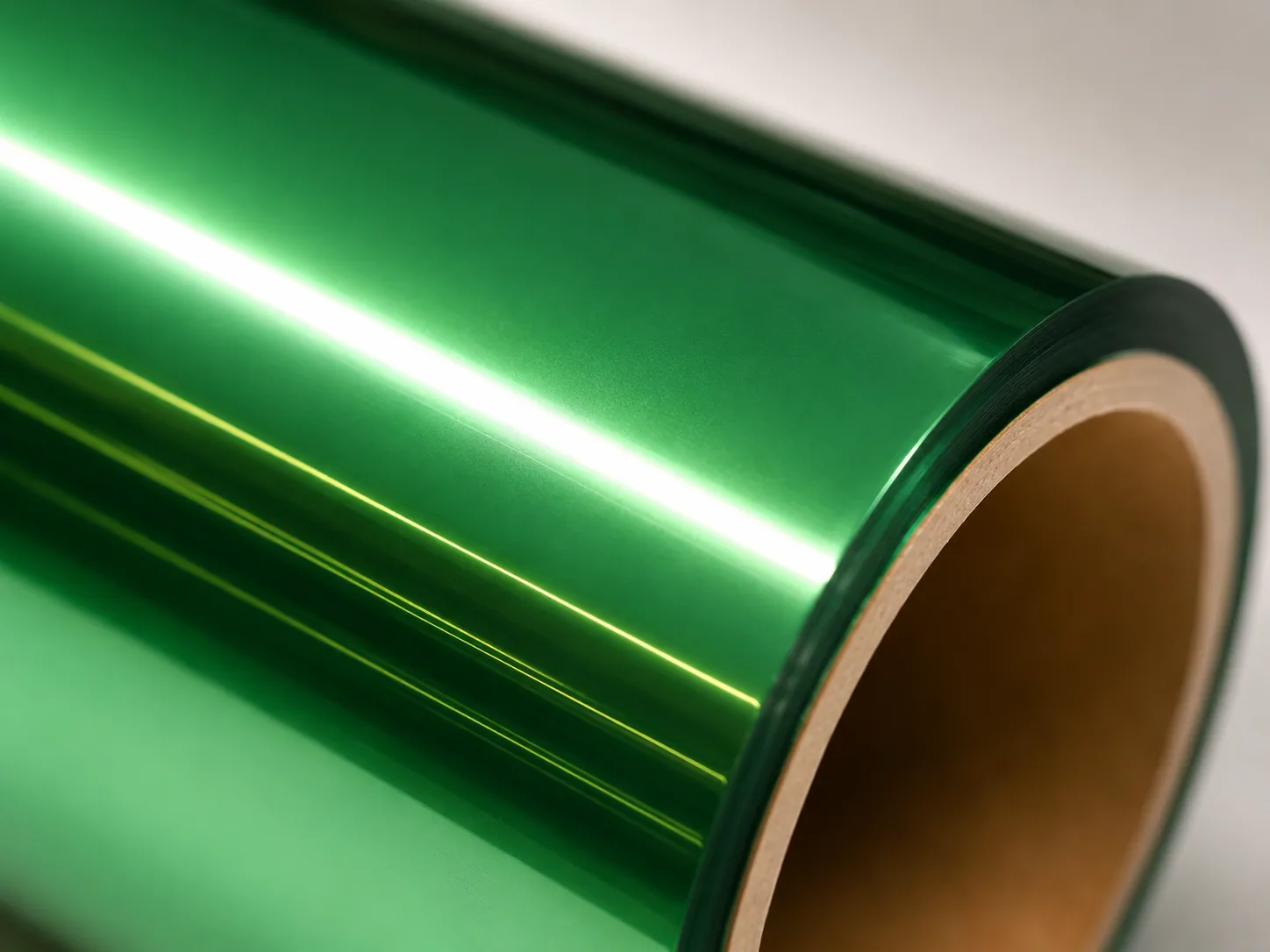 Macro detail of Deep Emerald cold foil surface showing 90 GU mirror gloss and saturated bottle-green chroma
