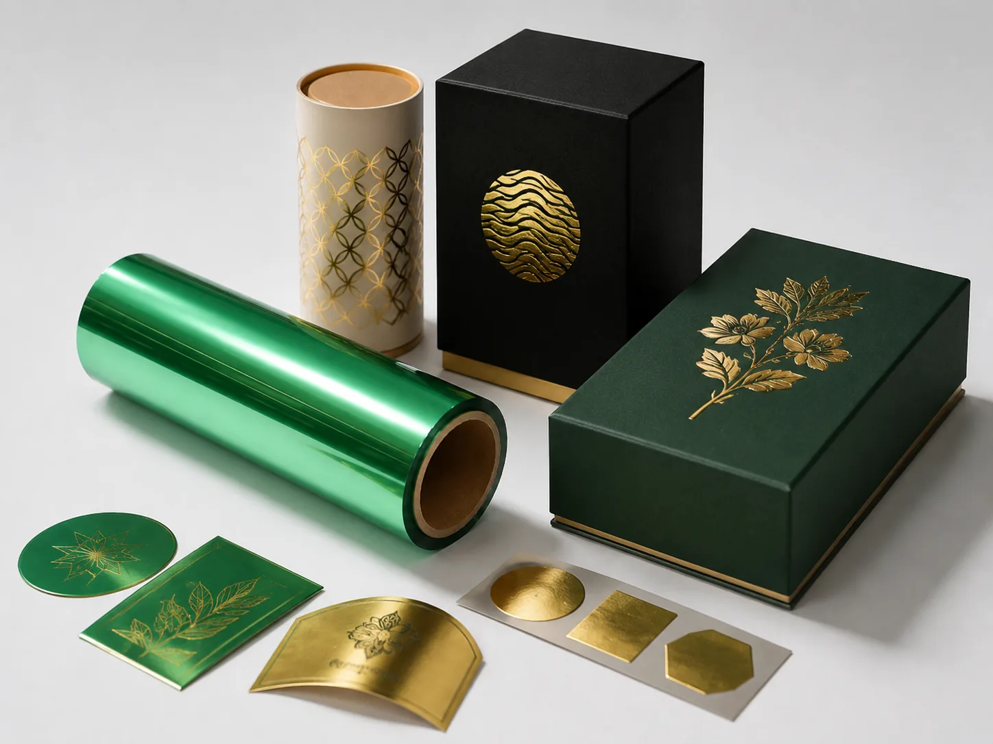Deep Emerald cold foil applied to luxury botanical spirits, tea and apothecary packaging alongside gold foil accents