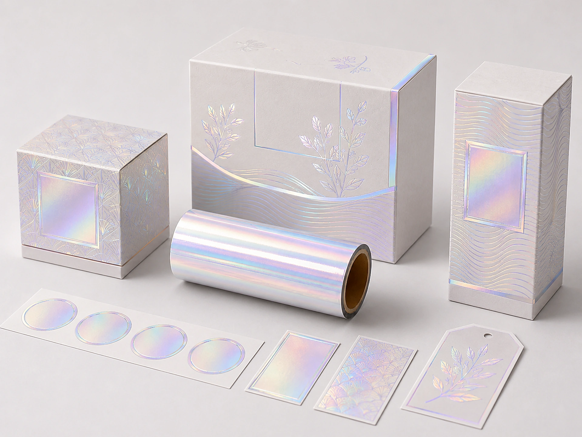 Iridescent Pearl cold foil applied to fragrance, beauty and editorial packaging — boxes, labels and hang tags