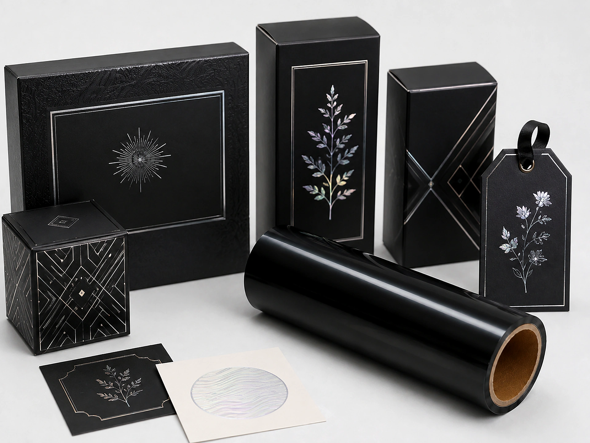 Matte Black cold foil applied to luxury black-on-black packaging — rigid boxes, cartons, hang tags and labels