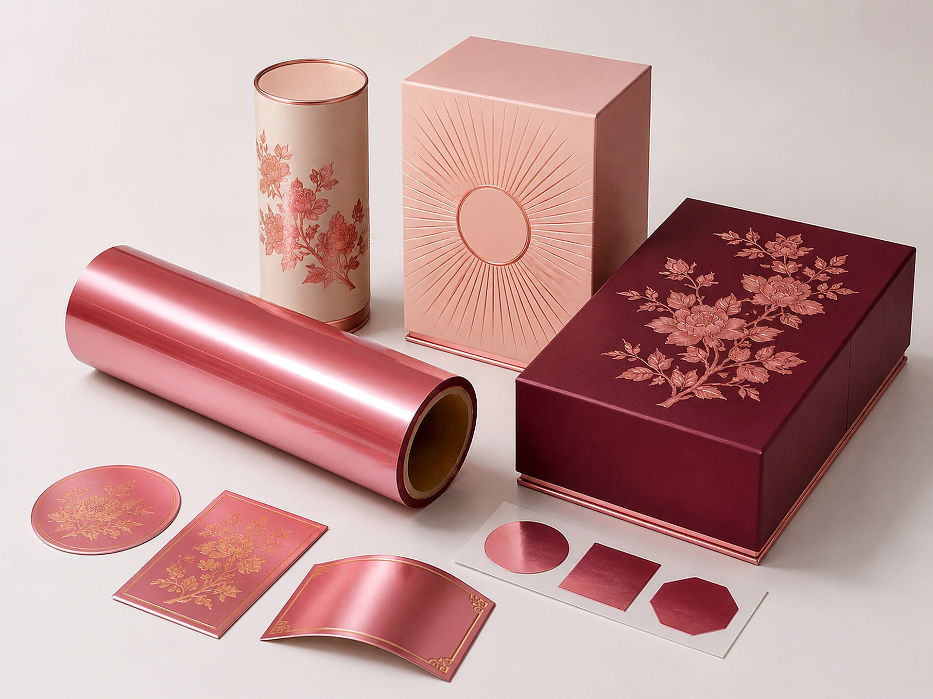 Rose Gold cold foil applied to luxury beauty, jewelry and bridal packaging with botanical floral motifs