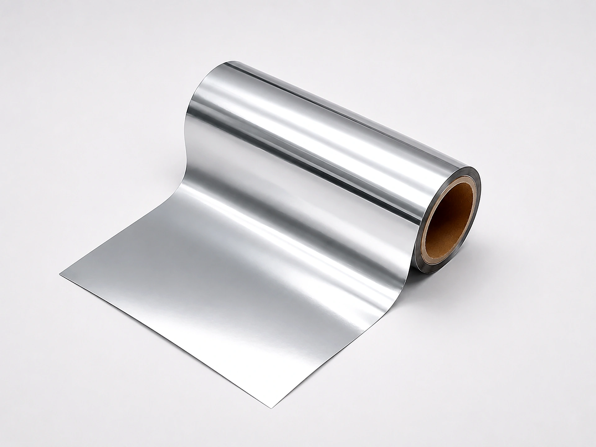 Silver cold foil web unwinding from master roll showing consistent platinum metallic coverage edge to edge