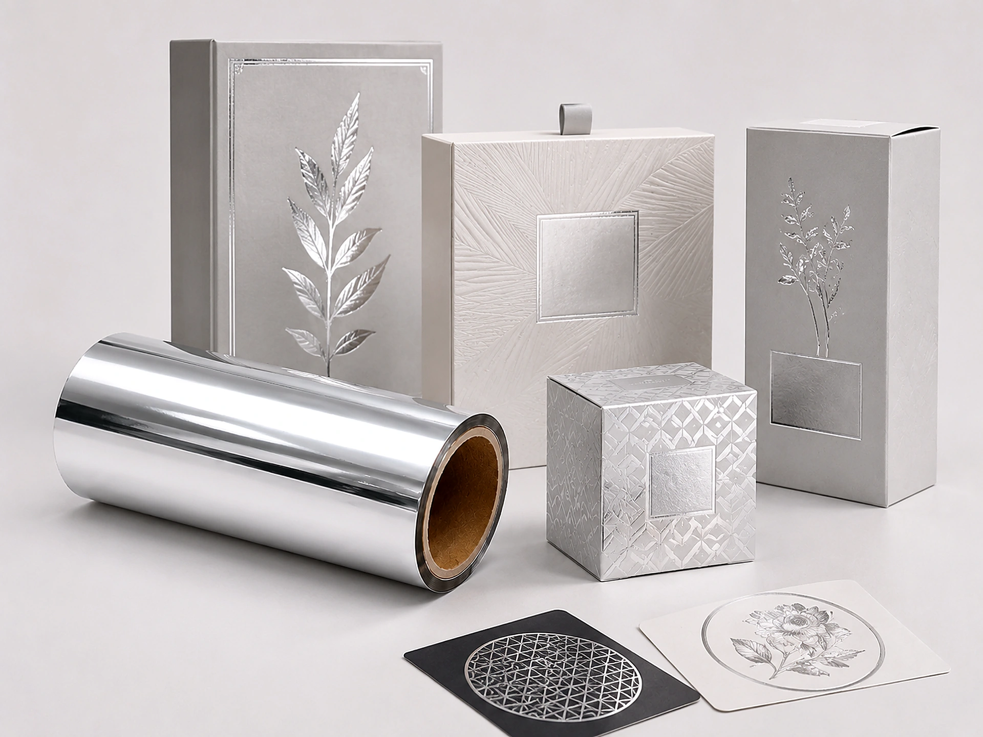 Silver cold foil applied to luxury cosmetic, fragrance and apothecary packaging with foiled botanical motifs